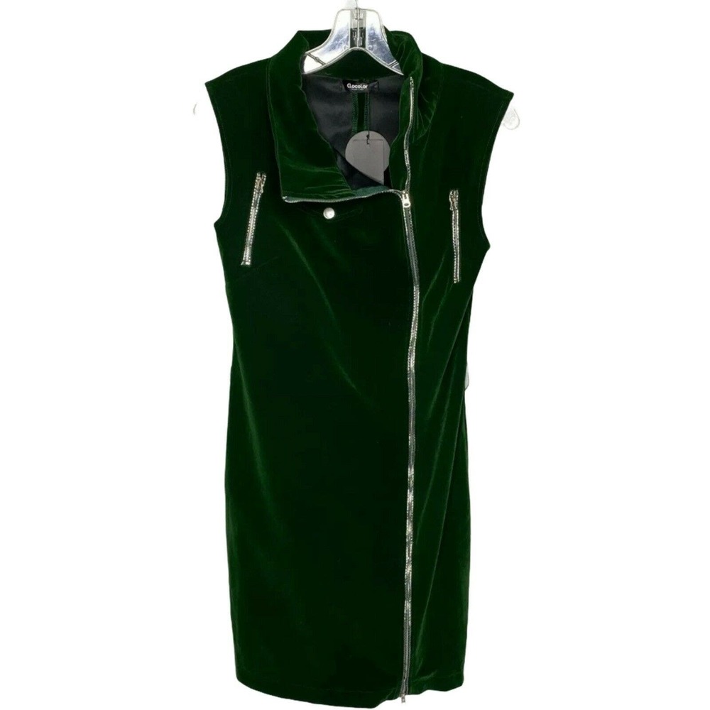 Clocolor Women's Dress Green Bodycon Velvet‎ Sleeveless Leprocon Full Zip M NWT
